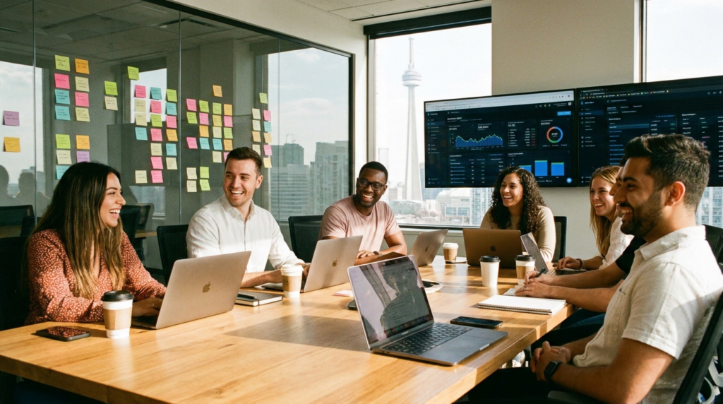 Team meeting in Toronto office with CN Tower view, diverse group collaborating with laptops, sticky notes, and live analytics dashboards on screens.
