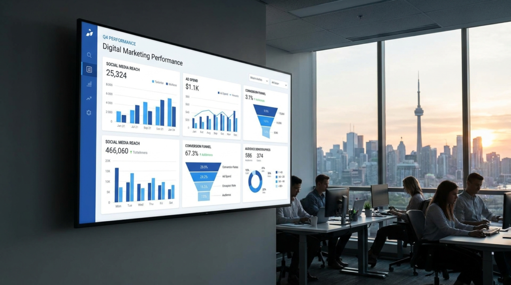 Digital marketing performance dashboard displayed in Toronto office with CN Tower view, team working at desks analyzing social media reach and conversion data.