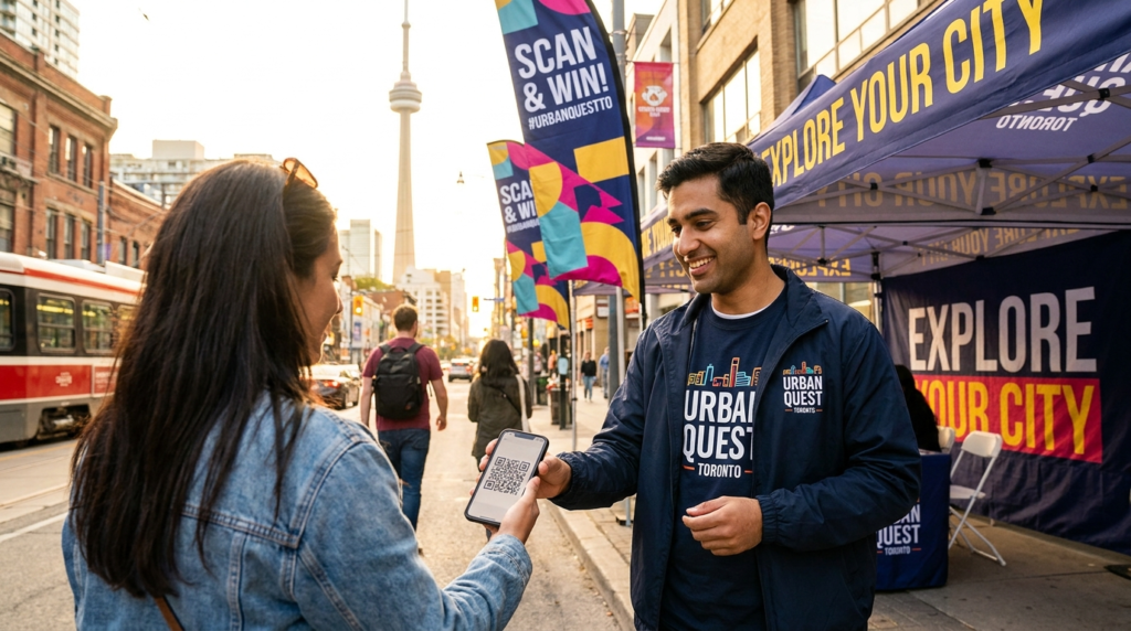 Street activation in Toronto with CN Tower in background, brand ambassador sharing QR code for Urban Quest campaign under “Explore Your City” booth.