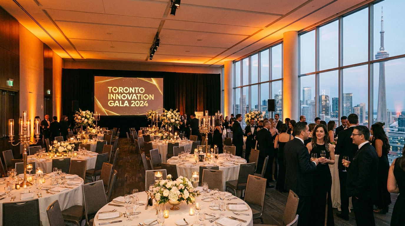 Toronto Innovation Gala 2024 event with elegant banquet setup, networking guests, and CN Tower skyline view through large windows.
