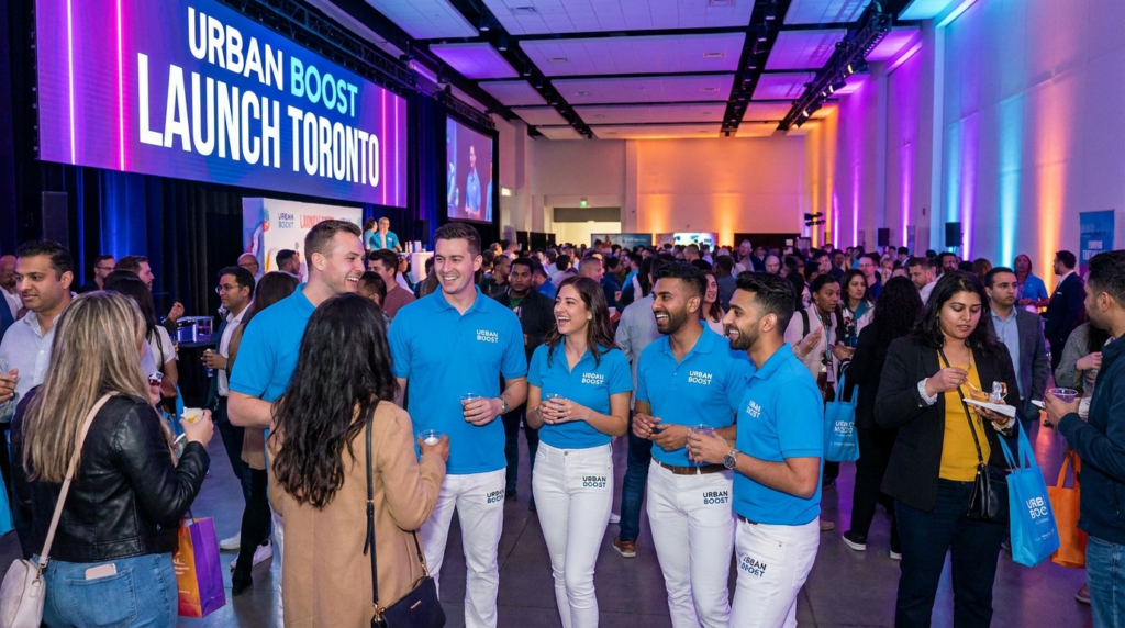 Urban Boost product launch event in Toronto with brand ambassadors engaging attendees, large crowd networking, and stage display in conference venue.