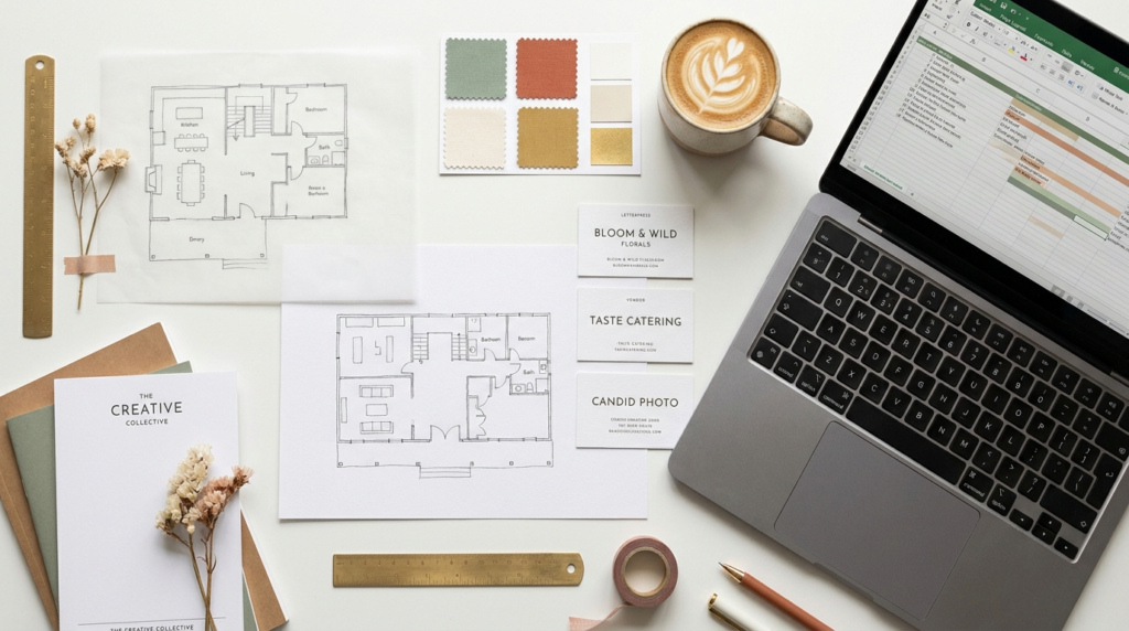 Event planning workspace with venue floor plans, vendor cards, laptop spreadsheet, color swatches, and coffee, showcasing organized event coordination and design process.