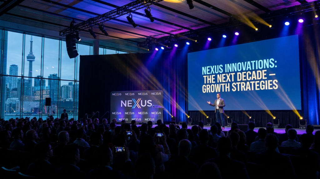 Corporate conference in Toronto with keynote speaker on stage, large audience, presentation screen, and CN Tower skyline visible through venue windows.