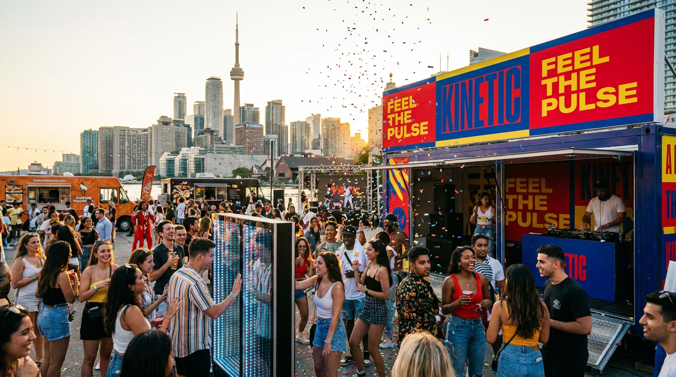 Experiential marketing activation in Toronto with branded pop-up booth, DJ, interactive installation, and crowd engagement against CN Tower skyline.