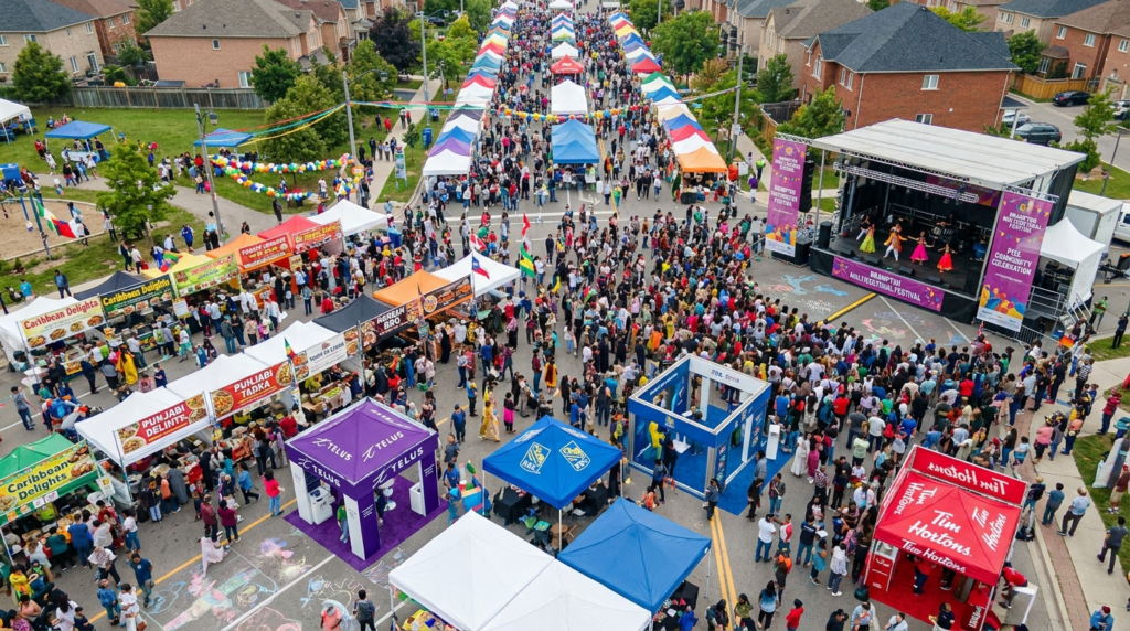 Aerial view of multicultural street festival in a suburban Ontario neighborhood with dense crowds, food vendor tents, brand booths, and live stage performances.