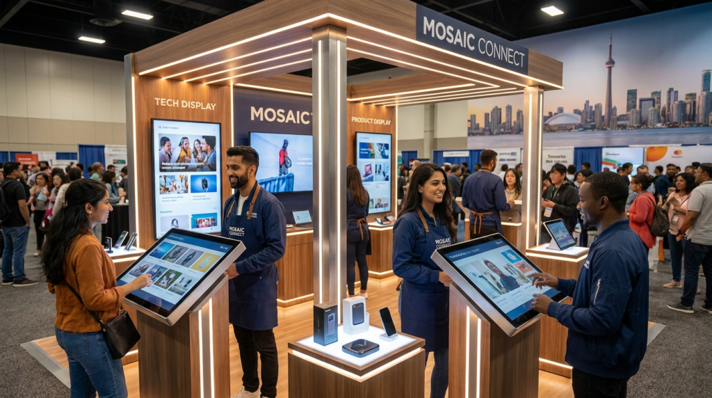 Interactive trade show booth in Toronto with touchscreen product displays, brand ambassadors engaging attendees, and tech demos at a busy expo floor.