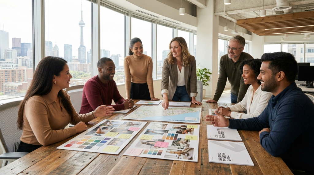 Marketing team strategy meeting in a Toronto office with CN Tower view, reviewing brand visuals, campaign plans, and customer personas around a collaborative table.