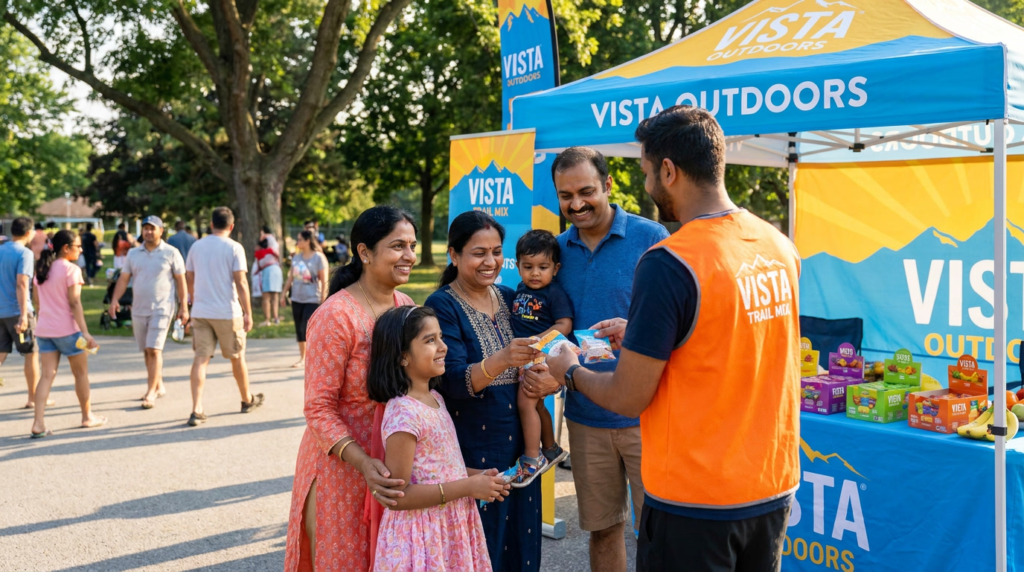 Brand ambassador distributing product samples to a family at a park activation booth, with branded tent, engaged crowd, and outdoor experiential marketing setup.