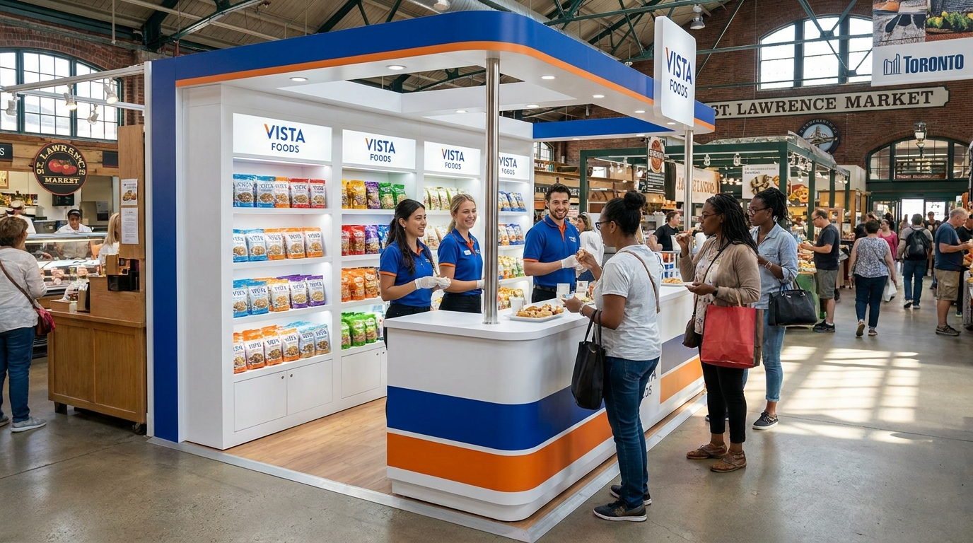 Product sampling booth inside Toronto’s St. Lawrence Market with brand ambassadors serving snacks, retail display shelves, and shoppers engaging at a food activation.