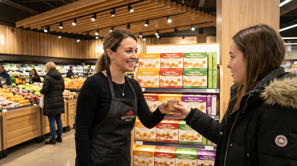 In-store product sampling in a grocery aisle with brand ambassador offering food sample, packaged snacks on display, and shopper engagement at retail activation.