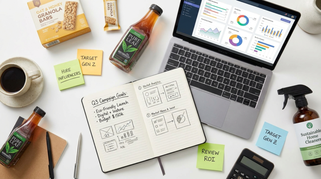 Marketing campaign planning workspace with laptop analytics dashboard, notebook strategy sketches, consumer products, and notes on targeting Gen Z, influencers, and ROI tracking.