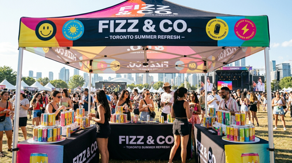 Branded beverage sampling booth at a Toronto summer festival with Fizz & Co. display, engaged crowd, colorful product stacks, and live event atmosphere.