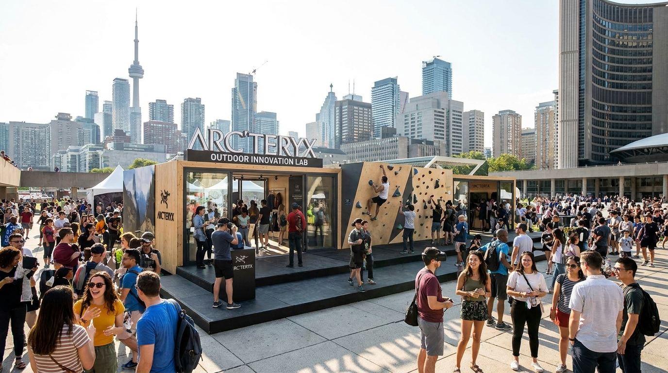 Arc’teryx outdoor innovation lab activation in downtown Toronto with climbing wall, immersive brand experience, and large crowd engaging at a public square event.