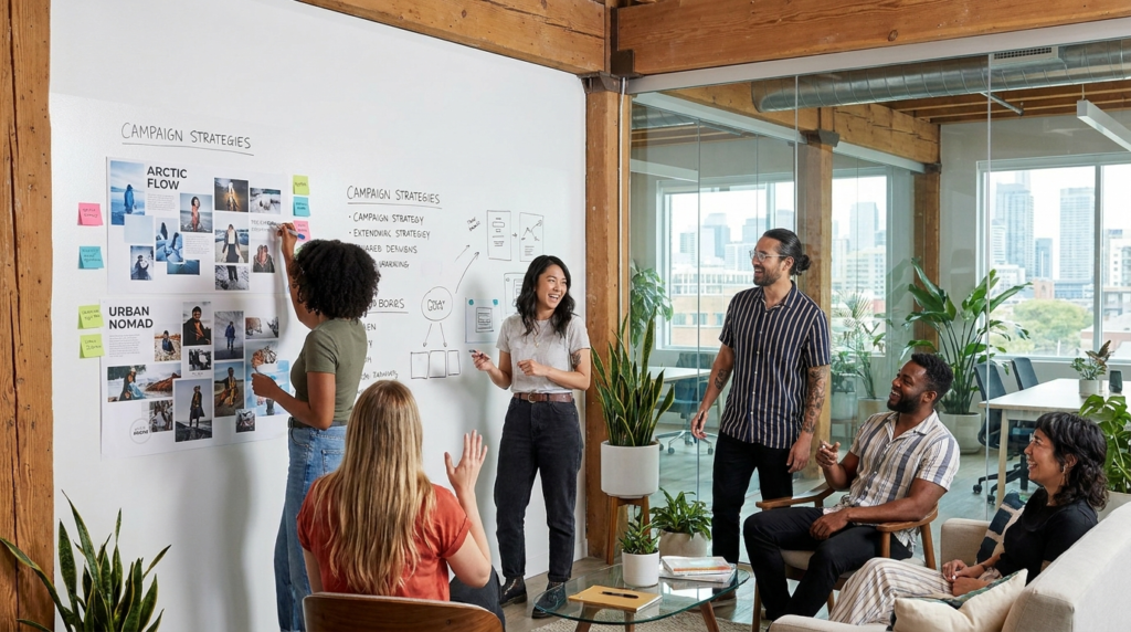 Creative marketing team brainstorming campaign strategies on a whiteboard with visuals, sticky notes, and collaborative discussion in a modern office setting.