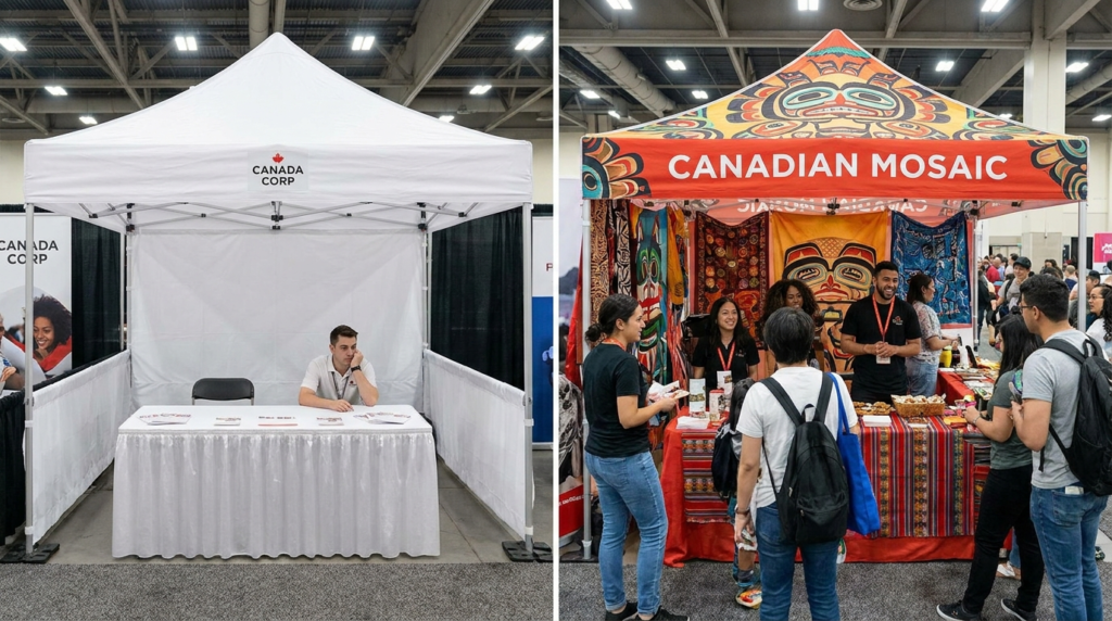 Before-and-after trade show booth comparison showing empty branded tent versus vibrant Canadian Mosaic activation with cultural decor, engaged visitors, and live interaction.