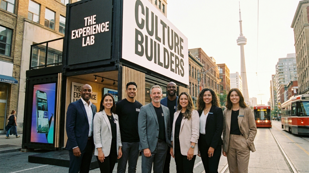Team standing outside branded “Culture Builders” experiential activation booth in downtown Toronto, with CN Tower and streetcar in background, showcasing urban brand experience.