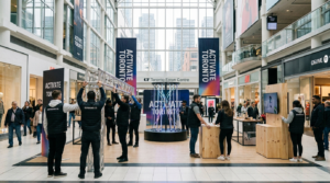 Brand activation setup inside CF Toronto Eaton Centre mall, with team assembling experiential marketing booth, “Activate Toronto” signage, interactive display, and retail foot traffic in background.
