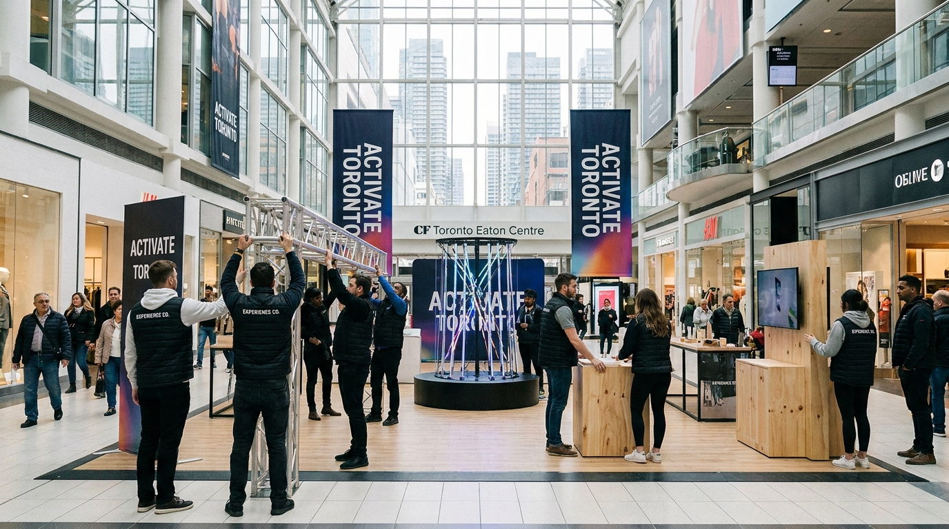 Brand activation setup inside CF Toronto Eaton Centre mall, with team assembling experiential marketing booth, “Activate Toronto” signage, interactive display, and retail foot traffic in background.