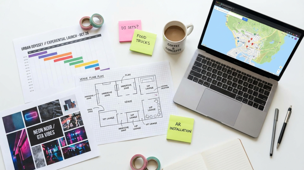 Experiential marketing planning workspace with event timeline, venue floor plan, creative mood board, laptop map, and notes for DJ sets, food trucks, and AR installation.