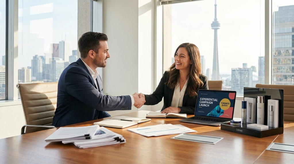 Business professionals shaking hands in Toronto office with CN Tower view, reviewing experiential campaign launch presentation on laptop during client meeting.