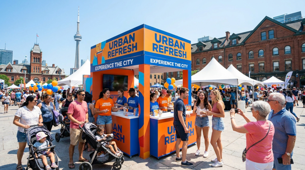 Urban Refresh brand activation booth at downtown Toronto event, with sampling staff engaging crowd, CN Tower and historic buildings in background, high foot traffic.