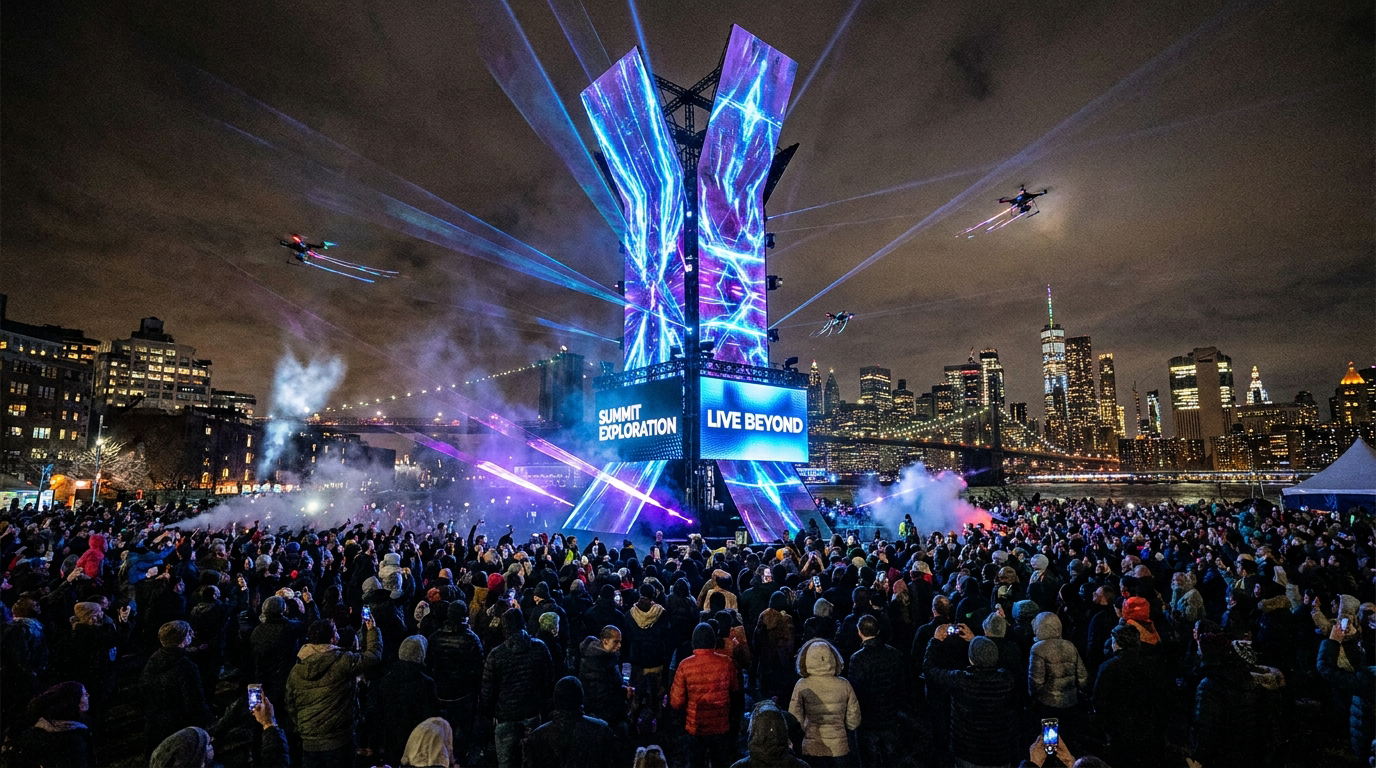Nighttime experiential brand event with massive LED structure, drone light show, lasers, and large crowd by city skyline, showcasing immersive live activation experience.