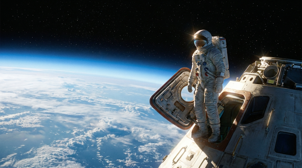 Astronaut standing in spacecraft doorway above Earth’s atmosphere, with planet horizon and star-filled space background, evoking exploration and innovation.