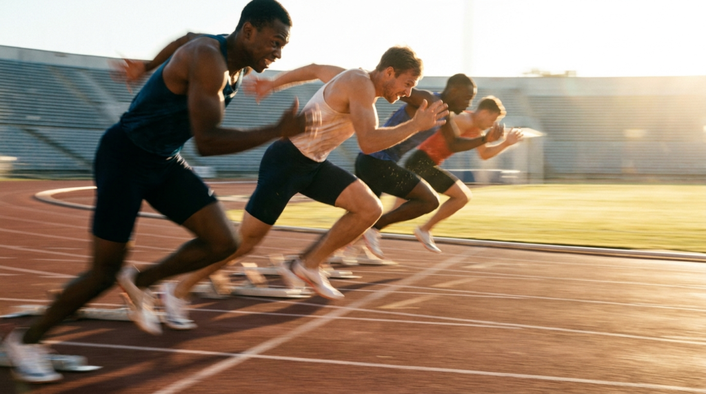 Sprinters exploding off starting blocks on track at sunrise, capturing speed, competition, and peak athletic performance.
