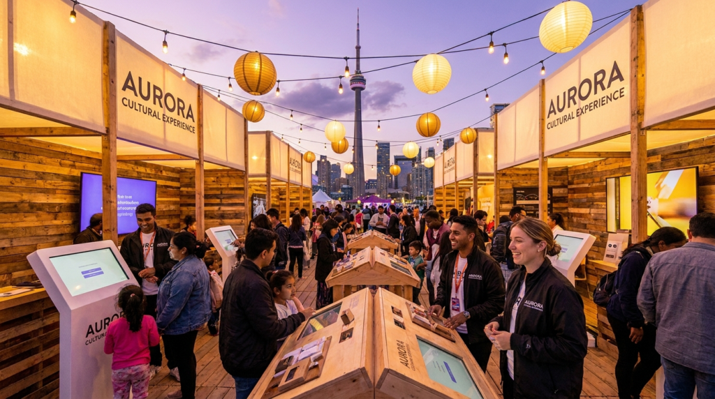 Aurora Cultural Experience activation in Toronto with interactive booths, lantern lighting, engaged crowd, and CN Tower skyline creating immersive brand experience.