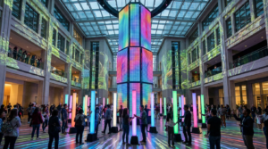 Interactive LED light installation in indoor atrium, with visitors engaging colorful digital columns and immersive projections creating experiential art activation.