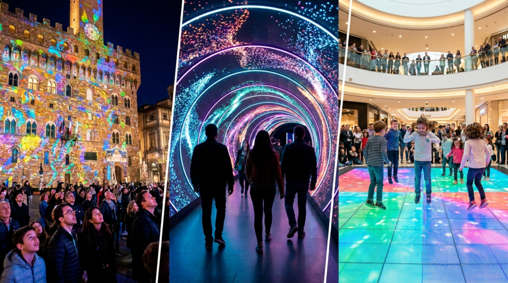 Split image of immersive experiences: large-scale building projection mapping, interactive LED tunnel walkthrough, and kids engaging on digital light floor in mall activation.