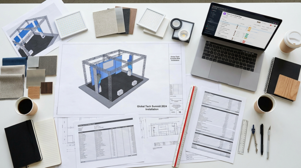 Top-down workspace showing experiential booth design plans, material samples, lighting fixtures, budget sheets, and laptop with project management dashboard for event installation planning.