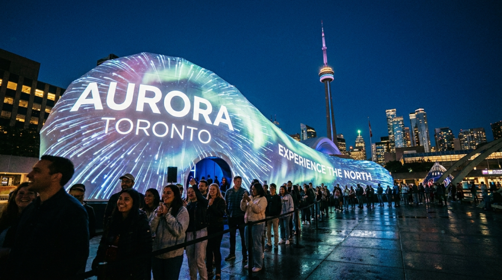 Nighttime experiential activation in Toronto featuring illuminated “Aurora Toronto” installation, long attendee line, and CN Tower skyline backdrop during immersive outdoor event.
