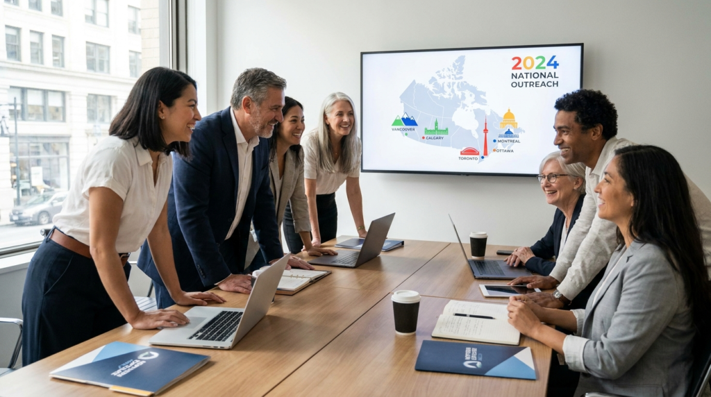 Marketing team meeting discussing 2024 national outreach strategy with map of Canadian cities on screen, laptops open, and collaborative planning around conference table.