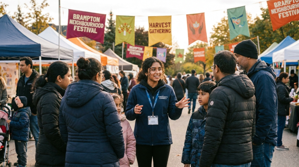 Brand ambassador engaging families at Brampton Neighborhood Festival, surrounded by vendor tents, community banners, and multicultural crowd during outdoor local event.