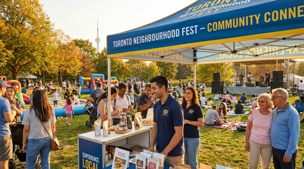 Brand activation booth at Toronto Neighborhood Fest with product sampling, families enjoying outdoor activities, live stage performance, and CN Tower visible in the background.