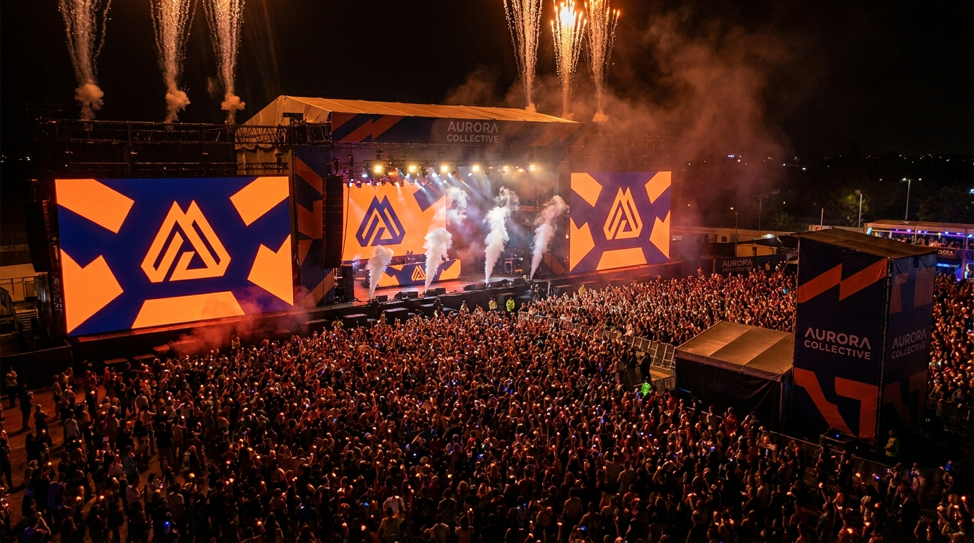 Large-scale nighttime concert by Aurora Collective with massive crowd, LED stage visuals, fireworks, and smoke effects creating high-energy live event atmosphere.