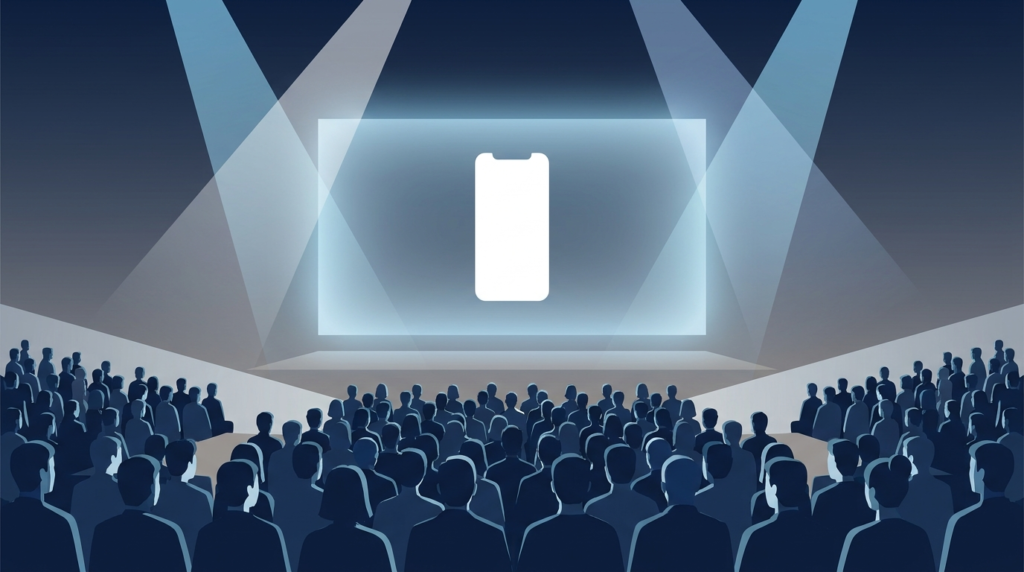 Illustration of product launch event with audience facing large stage screen displaying smartphone concept, dramatic lighting, and keynote presentation setting.