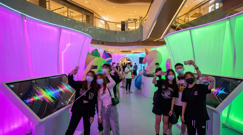 Interactive experiential installation in shopping mall with colorful LED walls, touchscreen displays, and visitors taking selfies in immersive digital activation space.