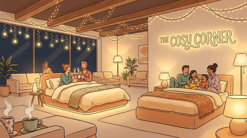A whimsical, cosy scene inside a modern furniture showroom at night — soft warm lighting, perfectly made display beds with guests in pyjamas laughing and enjoying hot drinks, fairy lights draped across ceiling displays, playful and editorial illustration style, warm amber and cream colour palette.