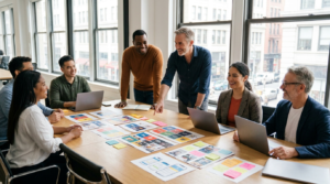 A warm, professional editorial photo of a diverse group of marketing professionals — different ethnicities and ages — collaborating around a modern boardroom table covered in colourful printed campaign materials, sticky notes, and laptops. Natural window light, contemporary office setting, optimistic and inclusive atmosphere, photorealistic, vibrant yet professional colour palette.