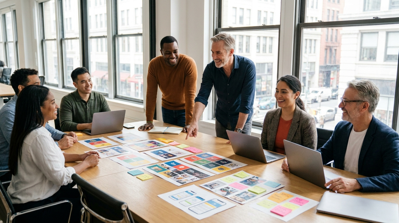 A warm, professional editorial photo of a diverse group of marketing professionals — different ethnicities and ages — collaborating around a modern boardroom table covered in colourful printed campaign materials, sticky notes, and laptops. Natural window light, contemporary office setting, optimistic and inclusive atmosphere, photorealistic, vibrant yet professional colour palette.