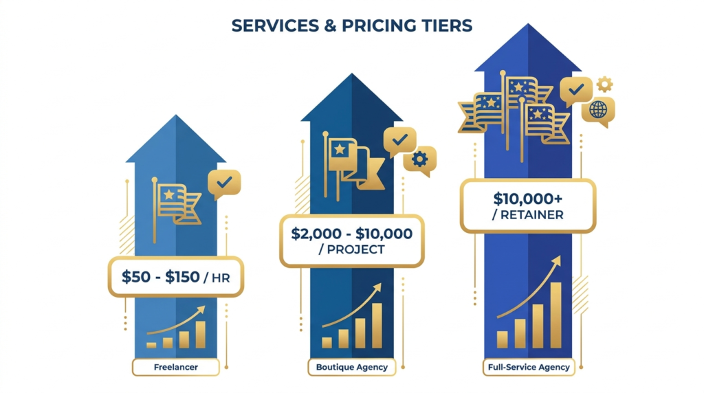 A clean, modern flat-design infographic illustration showing three pricing tiers — freelancer, boutique agency, and full-service agency — represented as three distinct columns with upward-pointing bar chart shapes, price range labels, and small cultural icons (flag motifs, speech bubbles). Blue and gold colour palette, minimal white background, professional and approachable style.