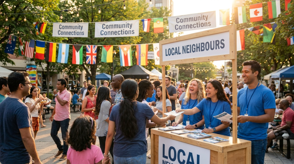 A lively outdoor community festival scene in a Canadian city — colourful cultural flags and banners, a branded marketing booth with smiling diverse staff engaging with attendees of various ethnicities, warm golden afternoon light, candid documentary photography style, vibrant and joyful atmosphere, no identifiable brand logos.