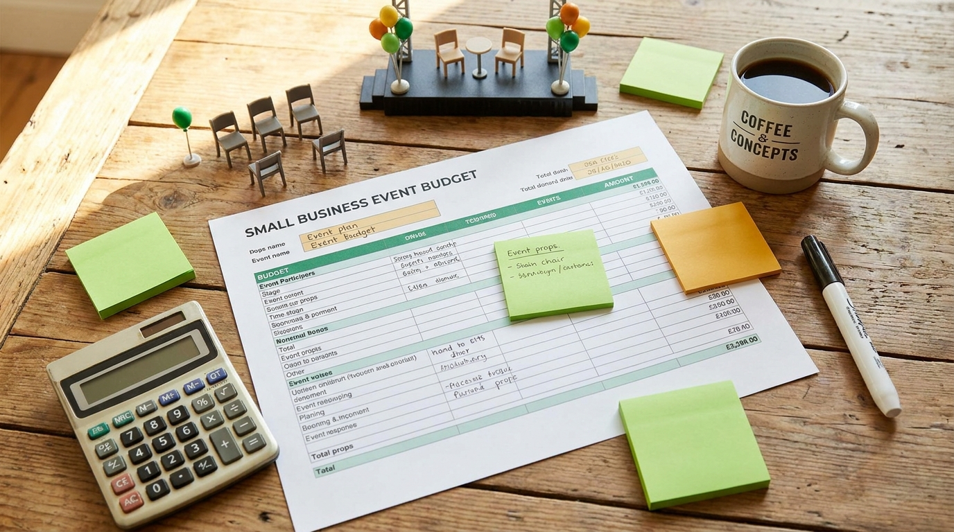Small business team planning a brand activation event with budget notes and sticky notes on a table