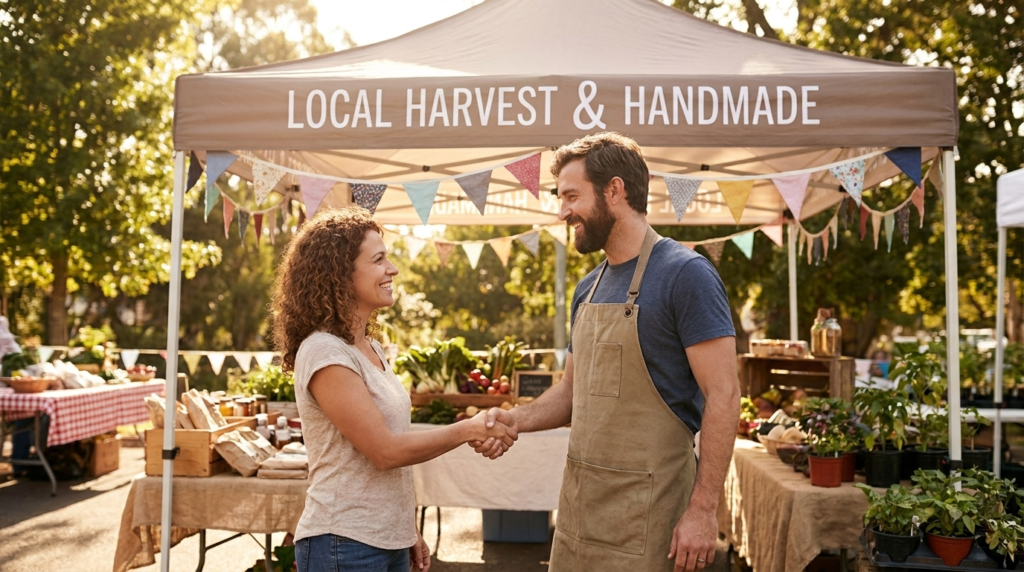 Small business owner shaking hands with a local sponsor at an outdoor brand activation event