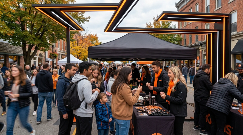 Brand Guruz experiential marketing activation booth engaging visitors with product sampling at a busy outdoor community event in Ontario
