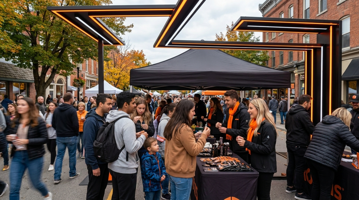 Brand Guruz experiential marketing activation booth engaging visitors with product sampling at a busy outdoor community event in Ontario
