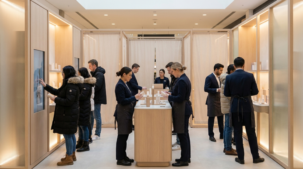 Luxury retail brand activation with staff engaging customers through product demonstrations in a premium pop-up showroom
