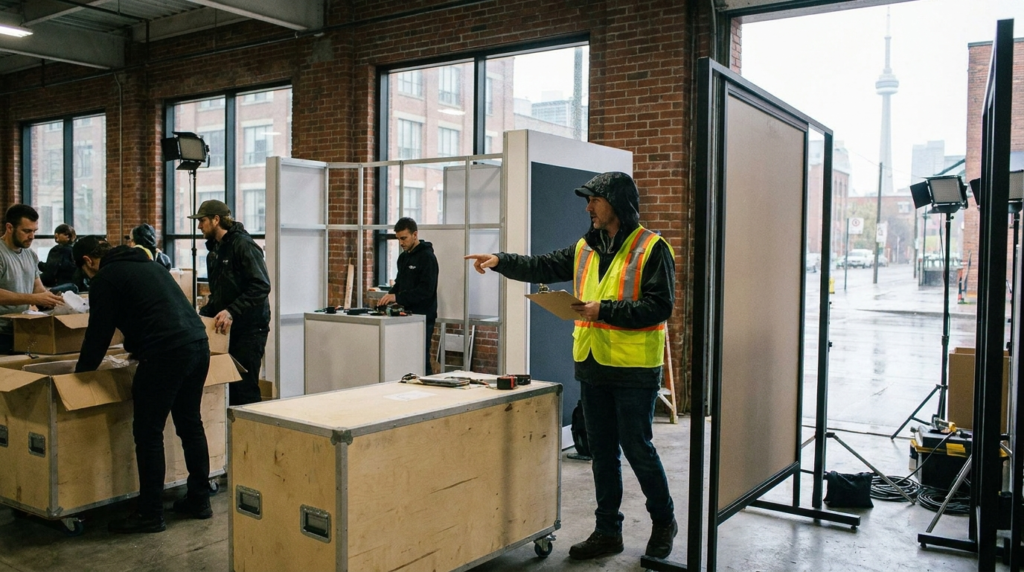 Event production team setting up a branded experiential marketing activation space with display panels, lighting, and equipment